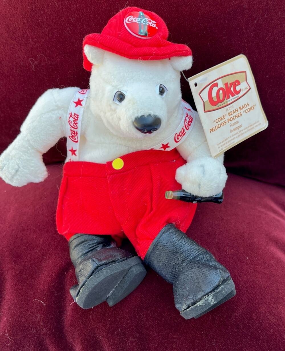 Coca-Cola Bean Bag Plush Polar Bear Fireman in Pants & Coca-Cola Hat HS0310